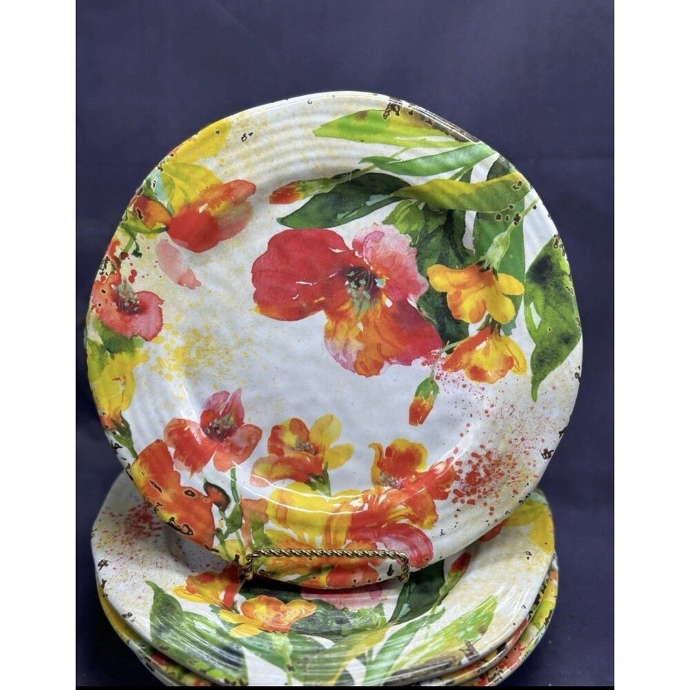 Pier 1 One Hibiscus melamine Salad Dessert Plate Set Of 4 Spring Summer